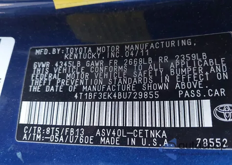 2011 Toyota Camry Le from USA, damaged, VIN 4T1BF3EK4BU729855